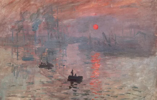 Картинка море, корабли, лодки, Корабли, импрессионизм, красное солнце, soleil levant, Впечатление. Восход солнца
