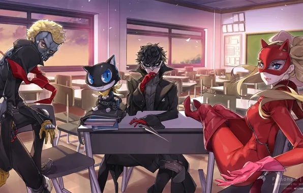 Стол, комната, игра, аниме, арт, персонажи, Persona 5, Персона 5