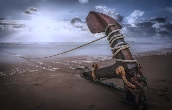 Картинка beach, sea, rope, sailor anchor, anchor