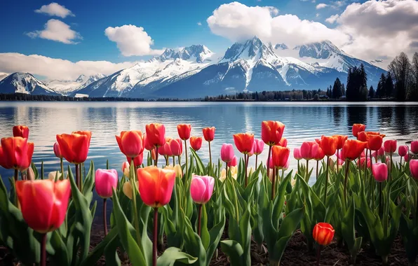 Цветы, весна, colorful, тюльпаны, red, sunshine, landscape, nature