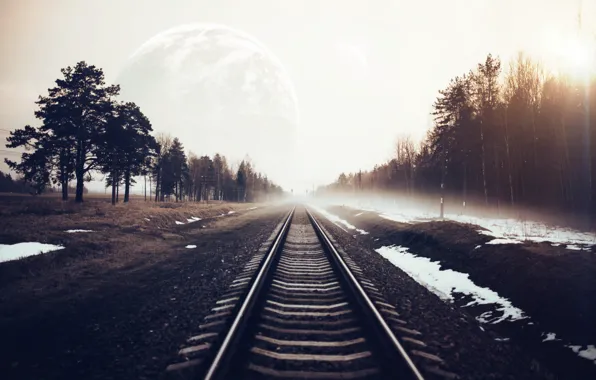 Туман, Деревья, Лес, Планета, Пути, Рельсы, Арт, Art