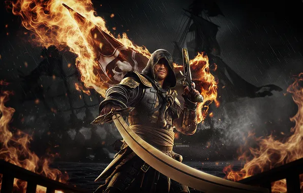 Картинка dark, warrior, video games, Black Flag, pirate flag, Assassins Creed, Assassin, metalanguage