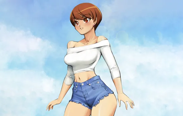 Картинка shorts, anime, blouse, sexy, redhead, short hair, attractive, boobs
