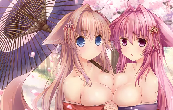 Sexy, yukata, cleavage, pink hair, long hair, girls, boobs, animal ears