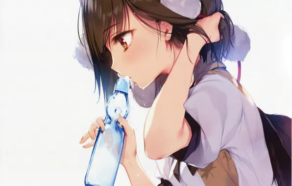 Вода, жажда, бутылка, белый фон, touhou, art, ke-ta, aya shameimaru