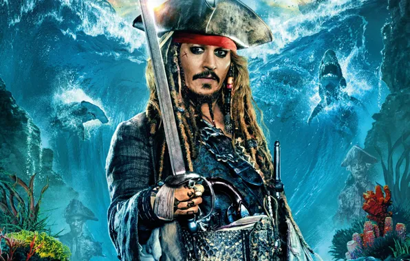 Картинка море, Johnny Depp, корабли, шляпа, фэнтези, капитан, Джонни Депп, акулы