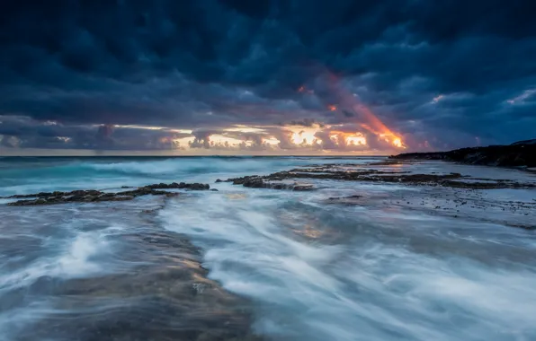 Картинка небо, закат, тучи, океан, берег, побережье, вечер, Гавайи