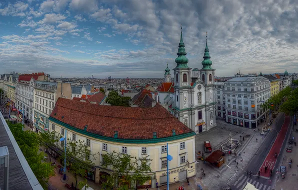 Картинка небо, облака, улица, дома, Австрия, перекресток, церковь, Вена