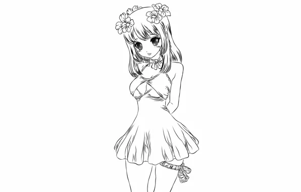 Girl, sexy, cleavage, long hair, dress, boobs, anime, flowers