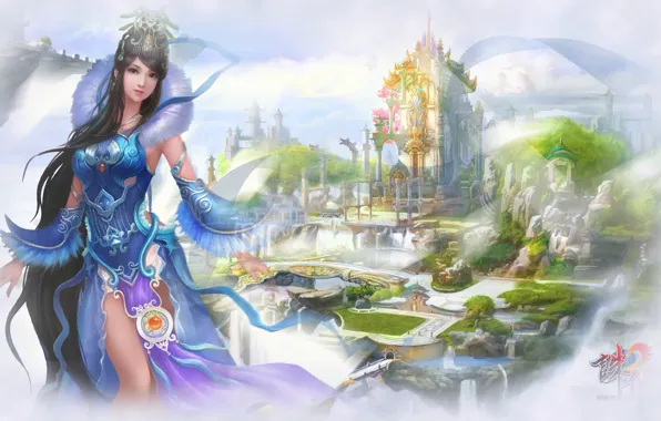 Картинка девушка, пейзаж, туман, China, Восток, красавица, Китай, fantasy