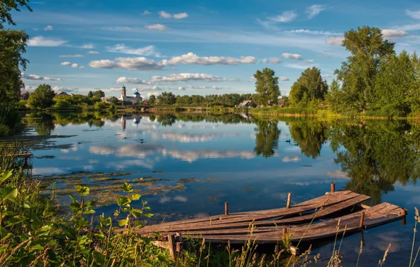Картинка пейзаж, озеро, церковь, мостик