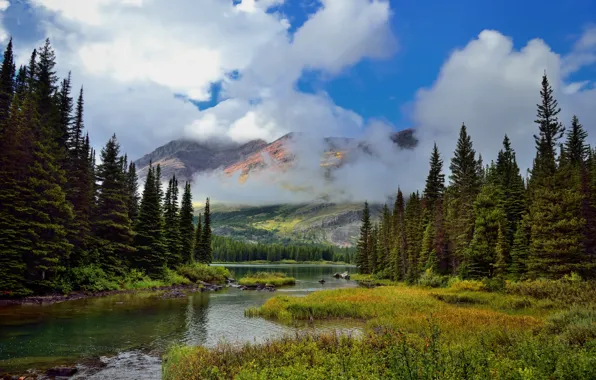 Картинка облака, пейзаж, горы, природа, река