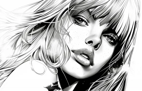 Картинка monochrome, women, blonde, illustration, AI art