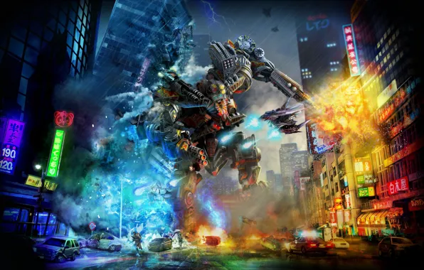 City, fire, battlefield, flame, gun, game, robot, soldier