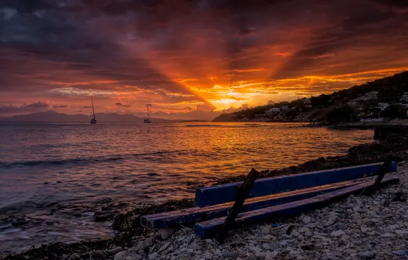 Море, закат, берег, скамья, Aegina, Greek Island