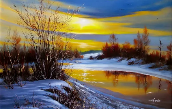 Картинка вода, солнце, снег, пейзаж, закат, птицы, природа, река