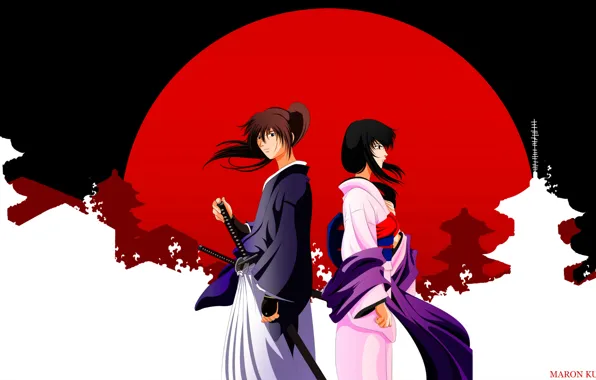 Солнце, япония, катана, кимоно, мечник, rurouni kenshin, tomoe yukishiro, samurai x