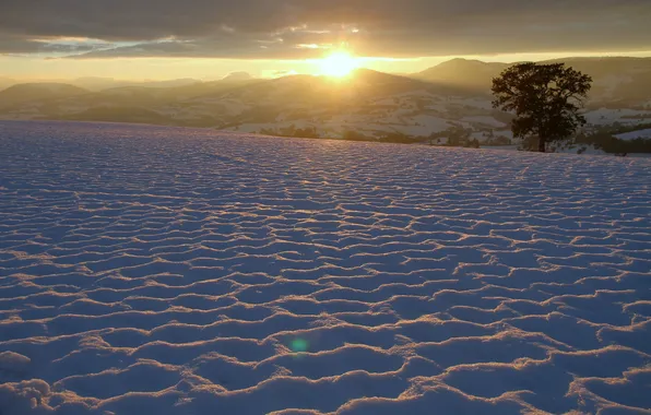 Картинка зима, небо, солнце, облака, снег, закат, горы, дерево