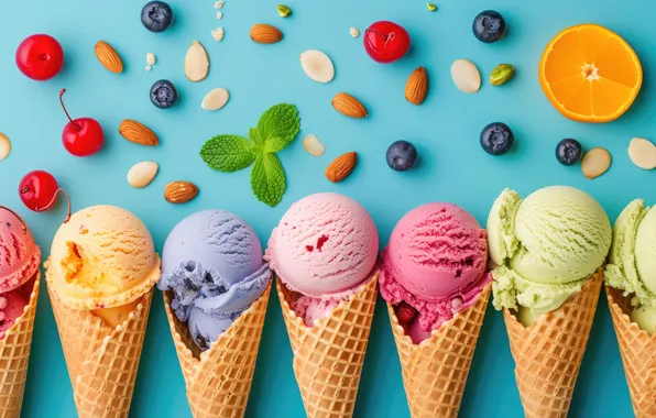 Ягоды, colorful, мороженое, фрукты, рожок, fruits, berries, ice cream