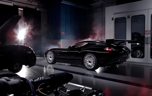 Машина, черный, Maserati, дым, колесо, спойлер, GranTurismo, мазерати