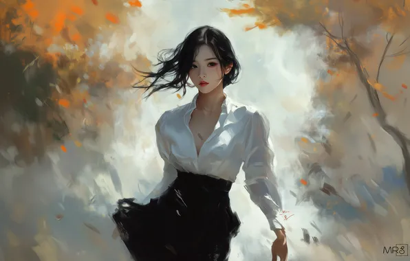 Asian, short hair, women, painting, white clothing, AI art, black skirts, soft colors