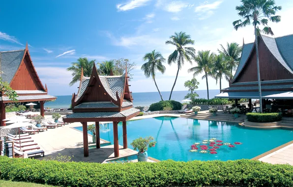 Пальмы, океан, бассейн, Thailand, курорт