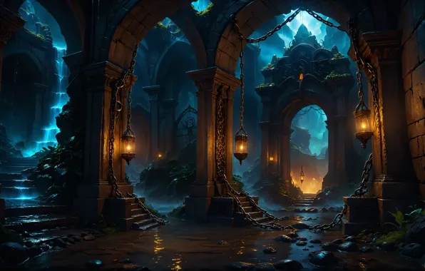 Вода, ночь, дождь, фонари, развалины, арки, архитектура, digital art