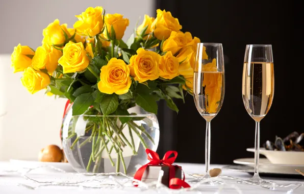 Подарок, розы, желтые, бокалы, ваза, шампанское, yellow, декор