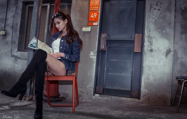 Дверь, стул, азиатка, милашка, чтение, asian, сидя, cutie