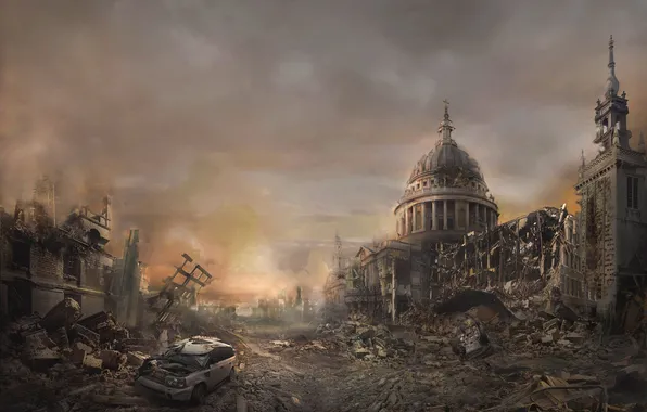 Картинка машина, город, здание, постапокалипсис, Destroy City