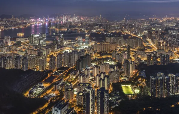 Город, огни, Гонконг, панорама, Китай, Hong Kong