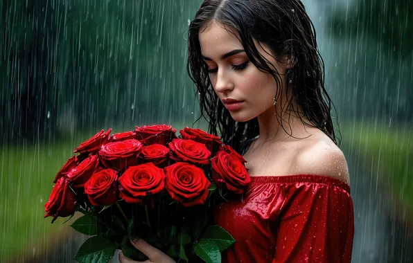 Девушка, капли, цветы, поза, дождь, розы, букет, брюнетка