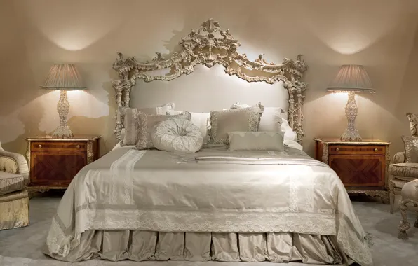 Комната, ложе, постель, тумбочки, роскошь, кровать, светильник, подушки