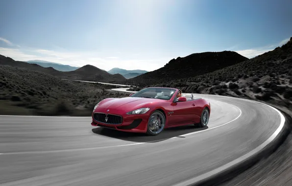 Maserati, Небо, Дорога, День, Холмы, Передок, Размытие, Grancabrio