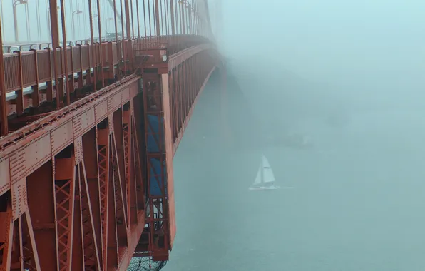 Красный, мост, туман, парусник