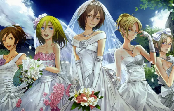 Декольте, корсет, диадема, фата, свадебное платье, Shingeki no Kyojin, Mikasa Ackerman, перчатки локтя