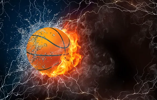 Картинка вода, свет, тьма, огонь, молния, мяч, Абстракции, баскетбольный мяч