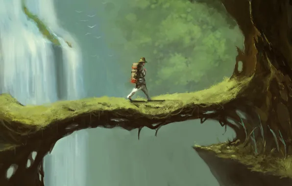 Картинка мост, дерево, человек, водопад, арт, рюкзак, лианы