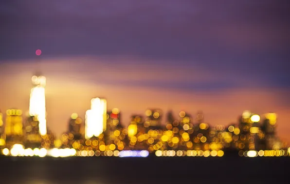 Картинка облака, ночь, огни, Нью-Йорк, горизонт, боке, One World Trade Center, Соединенные Штаты