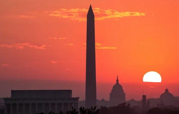 Картинка солнце, закат, Вашингтон, США, обелиск