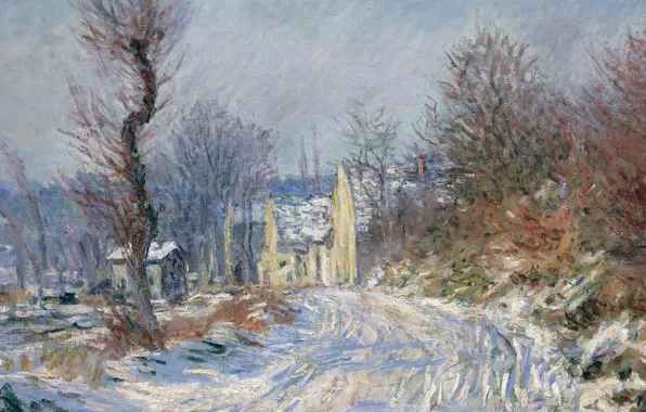 Картинка снег, пейзаж, дом, дерево, картина, Claude Monet, Клод Моне, Дорога в Живерни Зимой