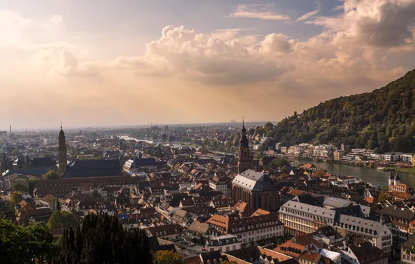 Облака, река, дома, Германия, панорама, Heidelberg