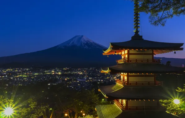 Япония, Japan, Фудзияма, огни ночного города, Senso-ji Temle, пагода храма Сенсо-дзи, Fuji Mountain
