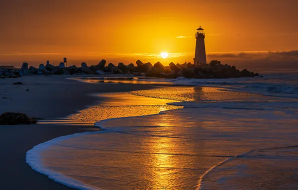 Море, небо, солнце, рассвет, берег, маяк, горизонт, Santa Cruz