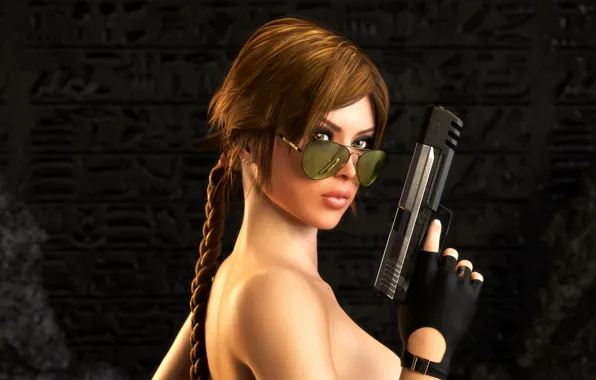 Картинка взгляд, девушка, пистолет, волосы, очки, lara croft, tomb raider