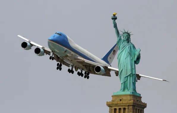Картинка небо, самолет, статуя свободы