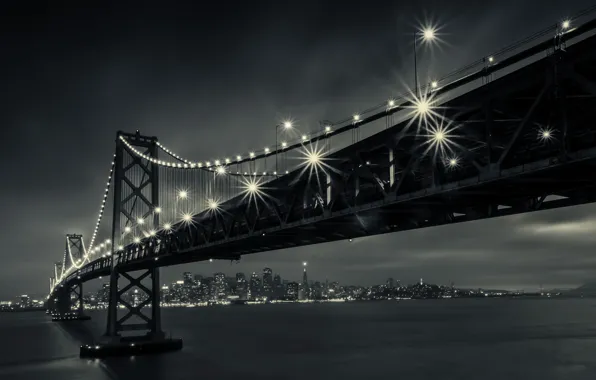 Ночь, мост, город, огни, Калифорния, Сан-Франциско, California, San Francisco