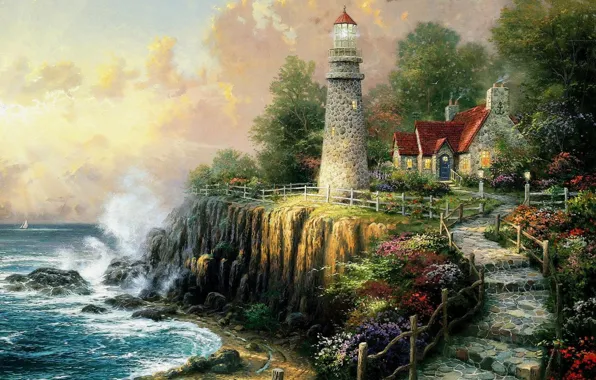 Картинка море, волны, природа, дом, обрыв, маяк, дорожка, ступени