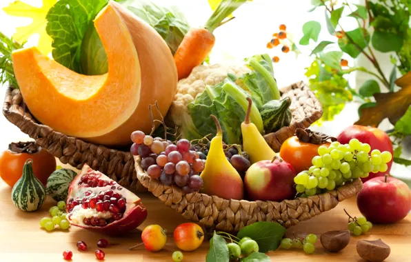 Осень, яблоки, виноград, тыква, фрукты, овощи, груши, морковь