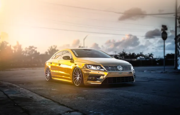 Volkswagen, золотой, gold, tuning, front, фольксваген, passat, пассат